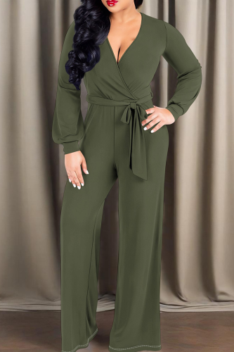 Green Casual Solid Color Strap Design V Neck Loose Jumpsuits