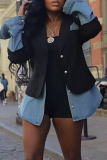 Black Casual Buckle Contrast Turn-back Collar Outerwear