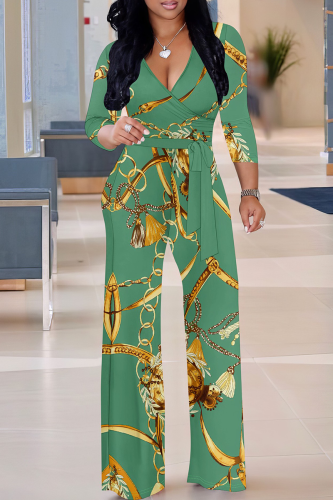 Green Casual Print V Neck Regular Jumpsuits