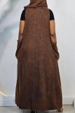 Brown Casual Solid Color Pocket Hooded Sleeveless Loose Denim Dresses