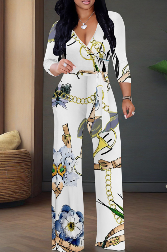 White Casual Print V Neck Regular Jumpsuits