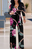 Black Pink Casual Print V Neck Regular Jumpsuits