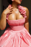 Pink Sexy Solid Color Ruched Spaghetti Strap Bud Dresses
