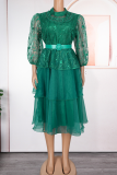 Red Elegant Solid Color With Belt Mesh O Neck Ball Gown Plus Size Dresses