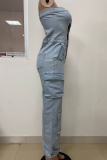 Blue Casual Solid Color Pocket Buckle Strapless Sleeveless Regular Denim Jumpsuits