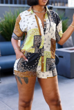 Blue Casual Print Buckle Turndown Collar Short Sleeve Two Pieces