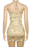 Yellow Sexy Print Backless Strap Design Halter Sleeveless Two Pieces