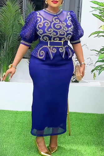 Colorful Blue Elegant Solid Color With Belt Hot Drill O Neck Wrapped Skirt Plus Size Dresses