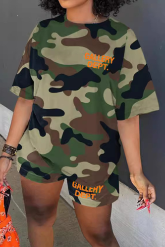 Green Casual Letters O Neck Short Sleeve Two Pieces