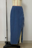 Blue Sexy Solid Color High Slit Strap Design Patchwork Bottoms