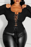 Black Casual Solid Color Cross Straps Deep V Neck Tops