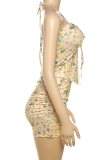Yellow Sexy Print Backless Strap Design Halter Sleeveless Two Pieces