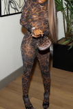 Brown Sexy Leopard Print Patchwork Turtleneck Skinny Jumpsuits