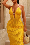 Yellow Sexy Solid Color Backless Ruched Halter Long Dresses