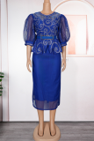 Deep Blue Elegant Solid Color With Belt Hot Drill O Neck Wrapped Skirt Plus Size Dresses