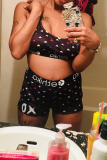 Black Sexy Print Spaghetti Strap Sleeveless Two Pieces