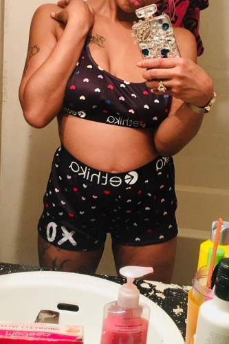 Black Sexy Print Spaghetti Strap Sleeveless Two Pieces