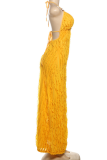 Yellow Sexy Solid Color Backless Ruched Halter Long Dresses
