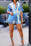 Blue Casual Print Buckle Turndown Collar Short Sleeve Two Pieces