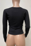 Black Casual Solid Color Cross Straps Deep V Neck Tops