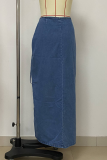Blue Sexy Solid Color High Slit Strap Design Patchwork Bottoms