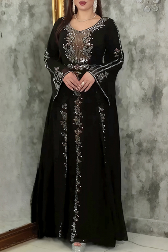 Black Elegant Solid Color Hot Drill O Neck Long Plus Size Dresses