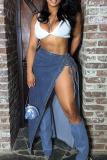 Blue Sexy Solid Color High Slit Strap Design Patchwork Bottoms