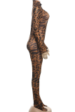 Brown Sexy Leopard Print Patchwork Turtleneck Skinny Jumpsuits