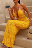 Yellow Sexy Solid Color Backless Ruched Halter Long Dresses