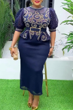 Deep Blue Elegant Solid Color With Belt Hot Drill O Neck Wrapped Skirt Plus Size Dresses
