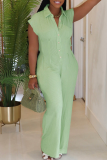 Yellow Casual Solid Color Buckle Turndown Collar Regular Jumpsuits