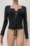 Black Casual Solid Color Cross Straps Deep V Neck Tops