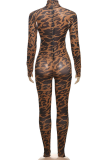 Brown Sexy Leopard Print Patchwork Turtleneck Skinny Jumpsuits