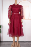 Red Elegant Solid Color With Belt Mesh O Neck Ball Gown Plus Size Dresses
