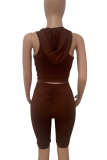 Khaki Casual Solid Color Zipper Hooded Sleeveless Two Pieces