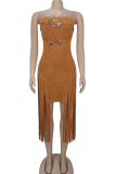 Light Brown Sexy Solid Color Fringed Trim Strapless Long Dresses