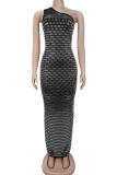 Apricot Sexy Solid Color Slit Hot Drill Oblique Collar Long Dresses