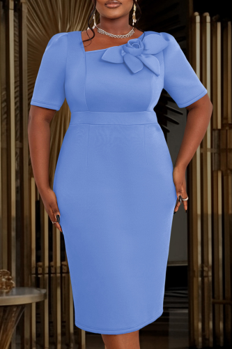 Light Blue Elegant Solid Color Flower Shape Asymmetrical Collar Long Plus Size Dresses