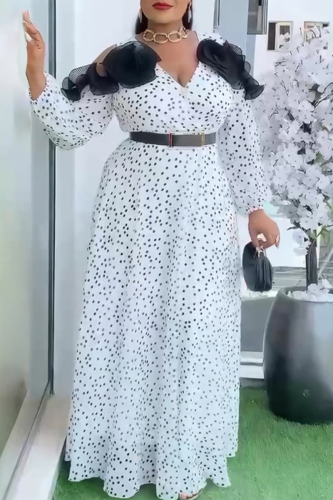 White Elegant Polka Dot With Belt V Neck Long Plus Size Dresses