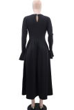 Black Elegant Solid Color Hollow Out O Neck Long Dresses