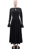 Black Elegant Solid Color Hollow Out O Neck Long Dresses