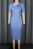 Light Blue Elegant Solid Color Flower Shape Asymmetrical Collar Long Plus Size Dresses
