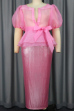 Pink Elegant Solid Color See-Through Strap Design O Neck Short Sleeve Two Pieces