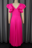 Rose Red Elegant Solid Color Pleated Flounce V Neck Long Dresses