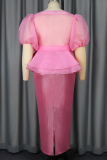 Pink Elegant Solid Color See-Through Strap Design O Neck Short Sleeve Two Pieces