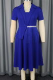 Blue Elegant Solid Color Fringed Trim Turn-back Collar Long Plus Size Dresses