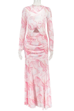 Pink Elegant Print Hollow Out O Neck Long Dresses