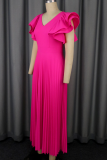 Rose Red Elegant Solid Color Pleated Flounce V Neck Long Dresses