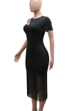 Black Sexy Solid Color Fringed Trim O Neck Long Dresses