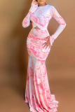 Pink Elegant Print Hollow Out O Neck Long Dresses